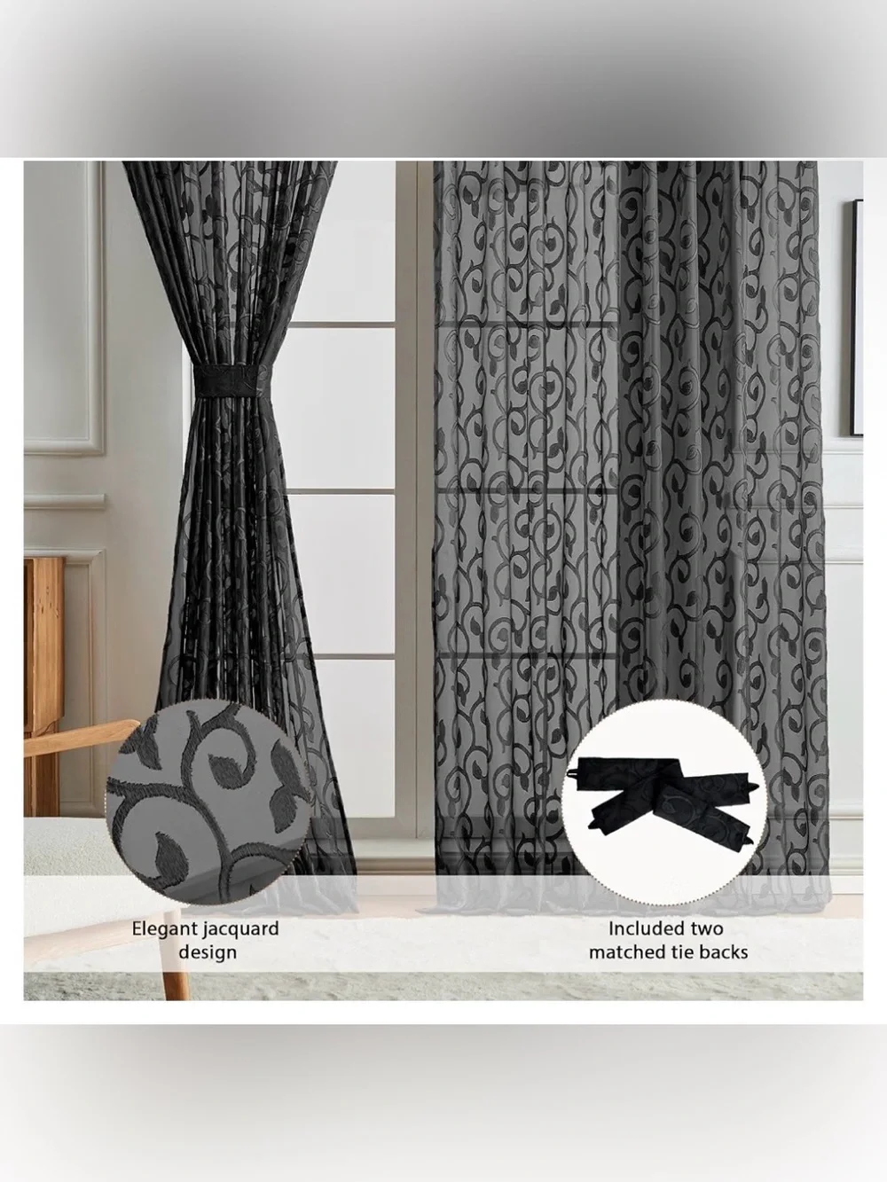 Black Pinch Pleated Sheer Curtains 96 Inches Long 2 Panels 60”x96” each
